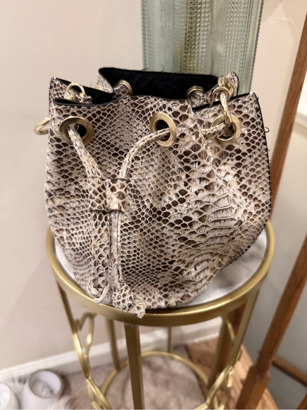 House of Harlow 1960 Snake-Embossed Drawstring Bucket Bag in Taupe and Black